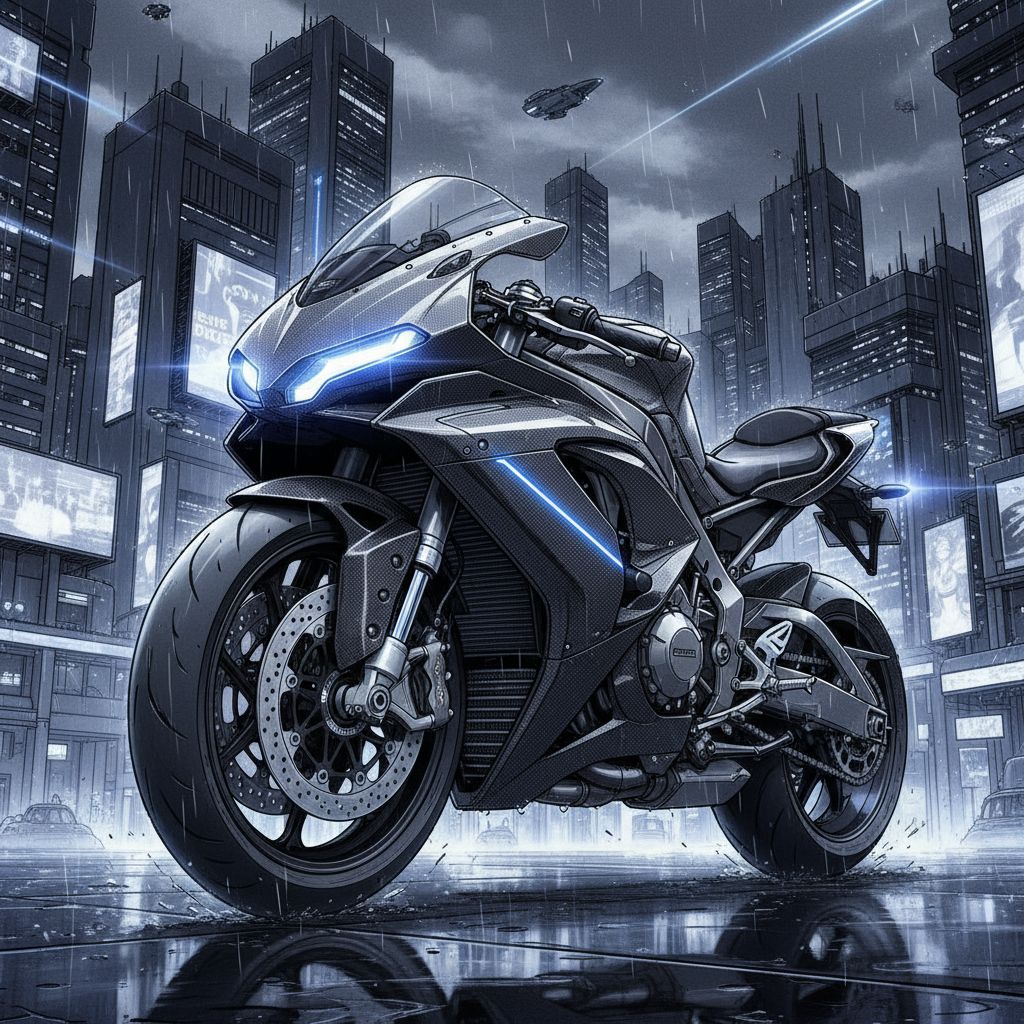 High performance motorcycle in city rain